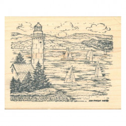 Lighthouse with Pines & Sailboat